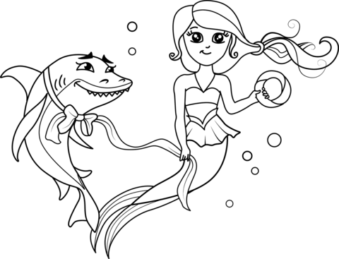 Mermaid And Shark Coloring Page